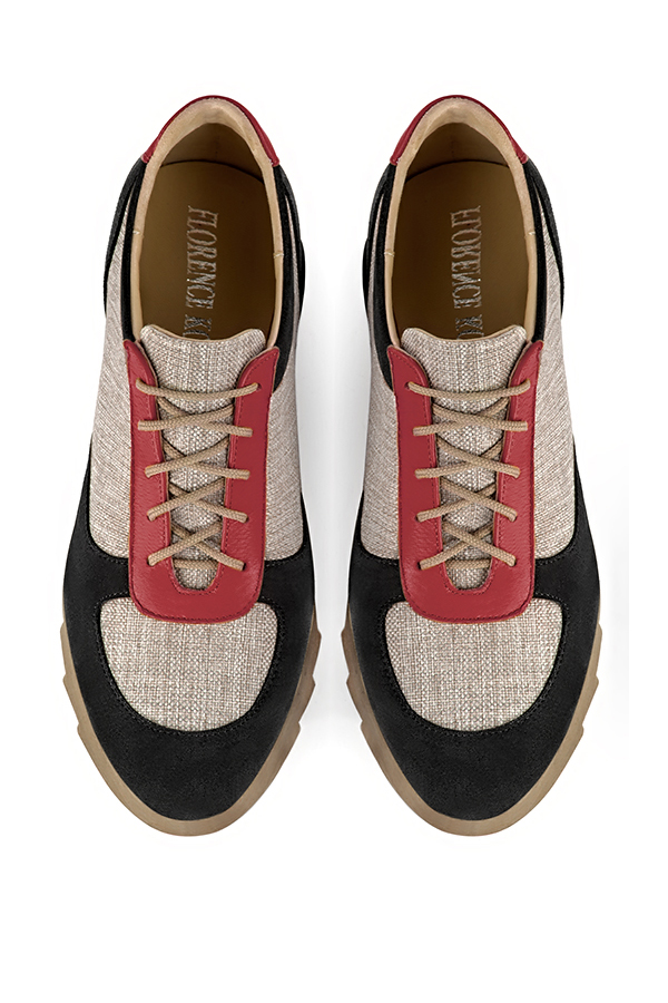 Matt black, natural beige and cardinal red women's three-tone elegant sneakers. Round toe. Low rubber soles. Top view - Florence KOOIJMAN
